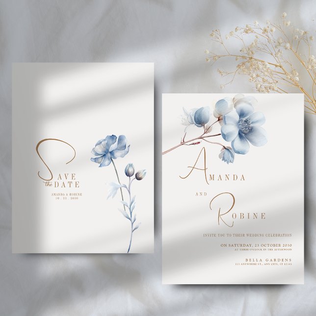 Elegant Blue Blommigt Bröllop Inbjudningar (Skapare uppladdad)