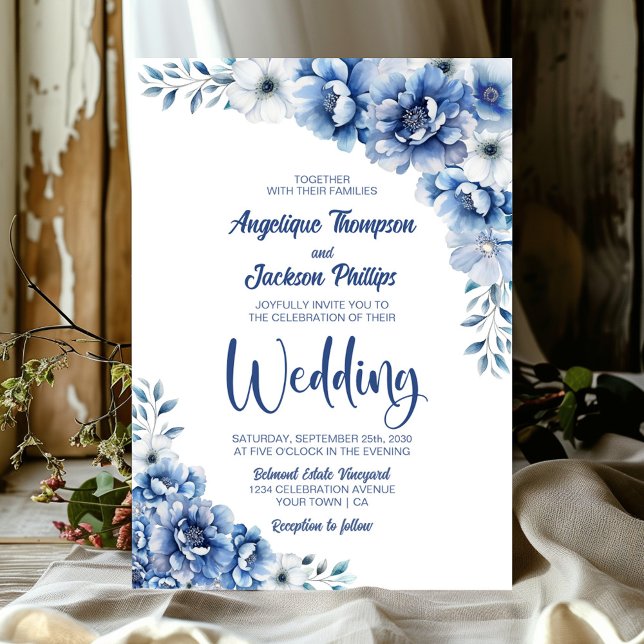 Elegant Blue Blommigt Bröllop Inbjudningar (Skapare uppladdad)
