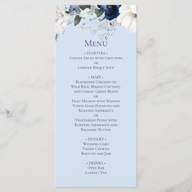 Elegant Blue Blommigt Bröllop Menu Meny (Framsida)