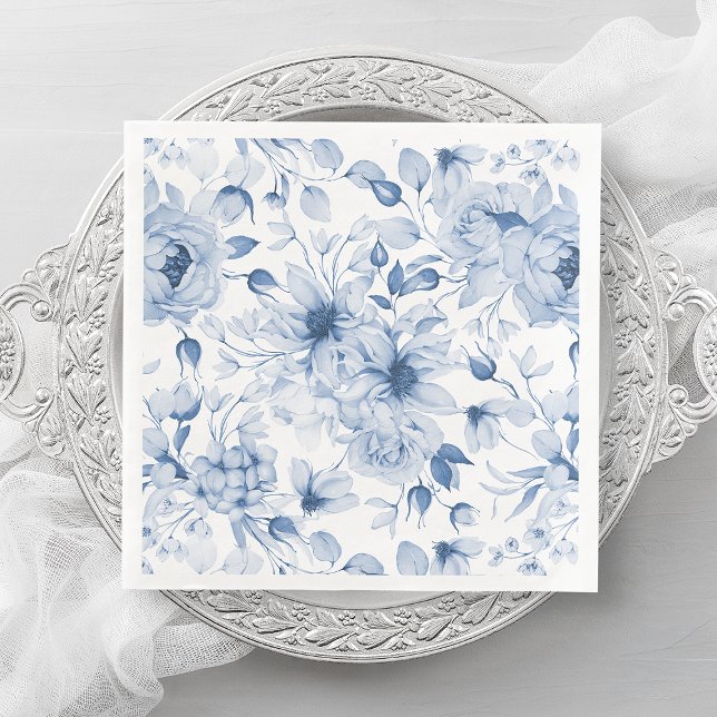 Elegant Blue Blommigt Bröllop Napkin Pappersservett (Skapare uppladdad)