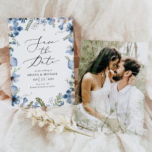Elegant Blue Blommigt Bröllop Photo Save Date Inbjudningar