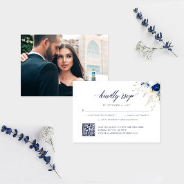 Elegant Blue Blommigt Bröllop QR-kod OSA kort