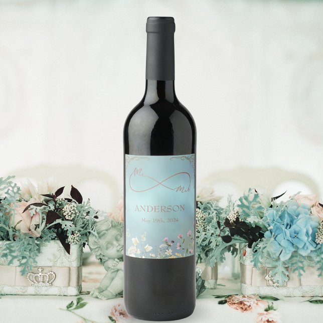 Elegant Blue Blommigt Bröllop Vin-etikett Vinflaska Etikett (Skapare uppladdad)