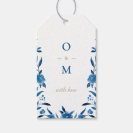 Elegant blue blommigt Chinoiserie Bröllop monogram Presentetikett