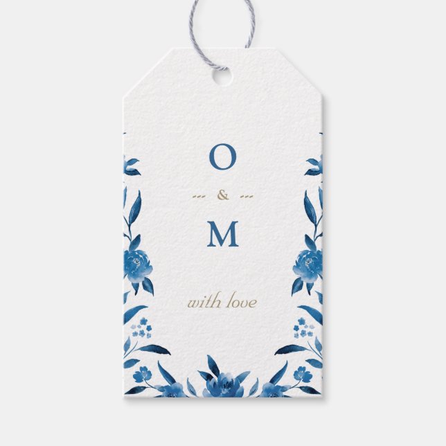 Elegant blue blommigt Chinoiserie Bröllop monogram Presentetikett (Framsidan)