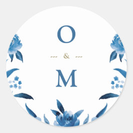 Elegant blue blommigt Chinoiserie Bröllop monogram Runt Klistermärke
