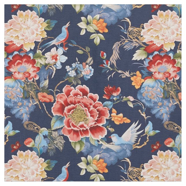 Elegant blue blommigt chinoiserie tyg (Närbild)