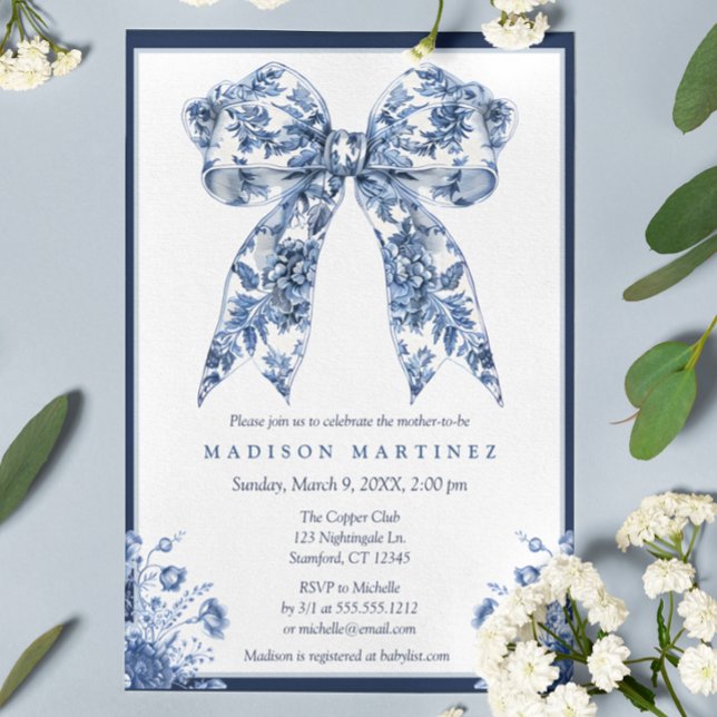 Elegant Blue Blommigt Coquette Bow Boy Shower Inbjudningar (Skapare uppladdad)