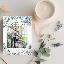 Elegant Blue Blommigt Ett foto Spara datum Inbjudan Vykort