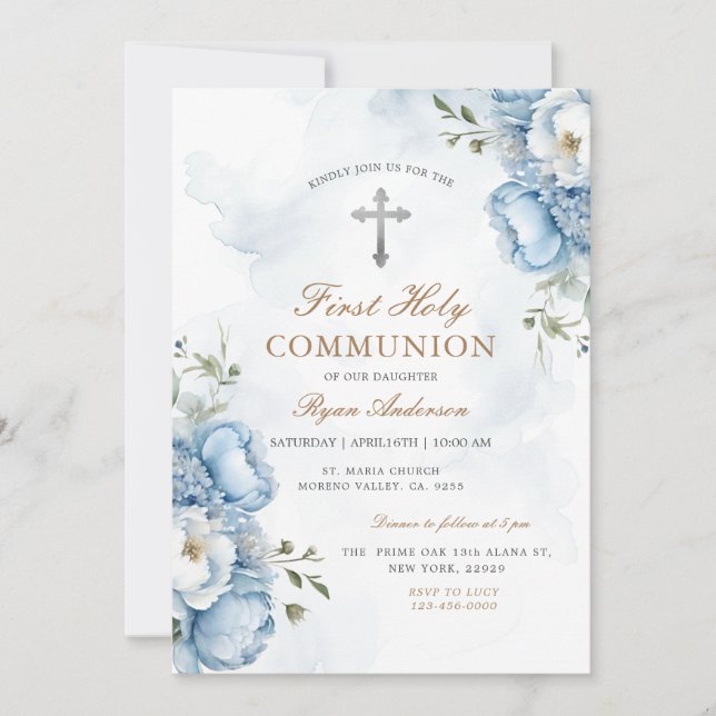 Elegant Blue Blommigt First Heliga Communion Inbjudningar (Framsida)