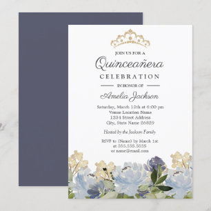 Elegant Blue Blommigt Garden Tiara Quinceanera Inbjudningar