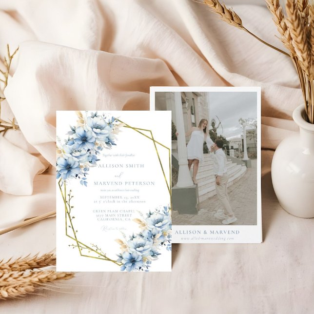 Elegant Blue Blommigt Geometric Ram Bloom Bröllop Inbjudningar (Skapare uppladdad)