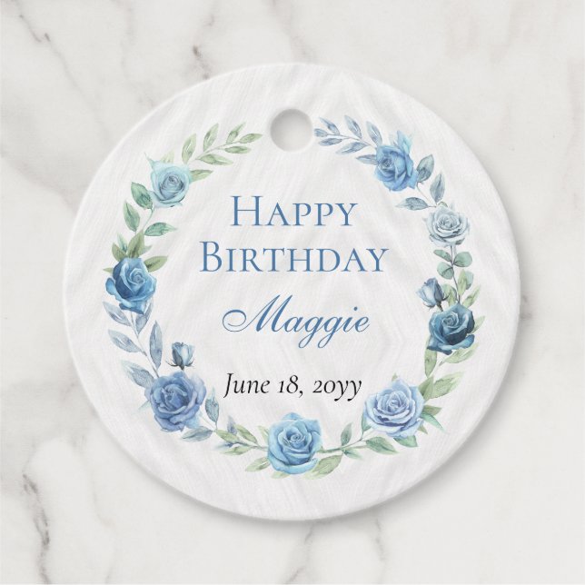 Elegant Blue Blommigt Grattis på födelsedagen Gåvor Etiketter (Framsida)