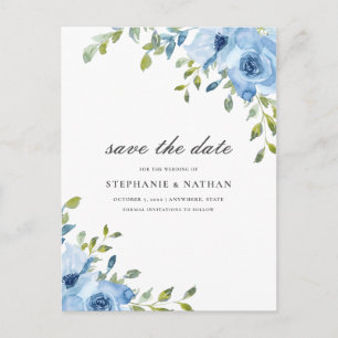 Elegant Blue Blommigt Greenery Spara datum Meddelande Vykort