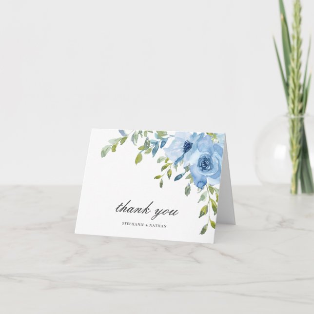 Elegant Blue Blommigt Greenery Tack Kort (Framsida)