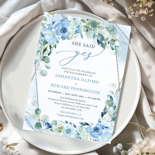 Elegant Blue Blommigt grönt silver sa ja Inbjudningar (modern calligraphy script blue flowers sage she said yes invitation)