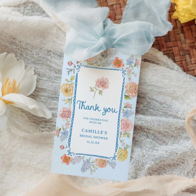 Elegant Blue Blommigt hand plockade Möhippa Presentetikett (Garden Bridal Shower Thank you tag )