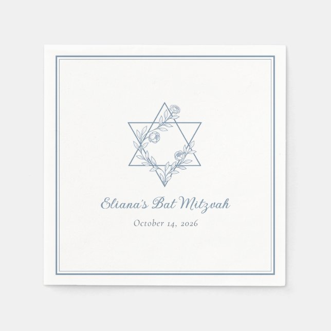 Elegant Blue Blommigt Jewish Star Chic Bat mitzvah Pappersservett (Framsidan)