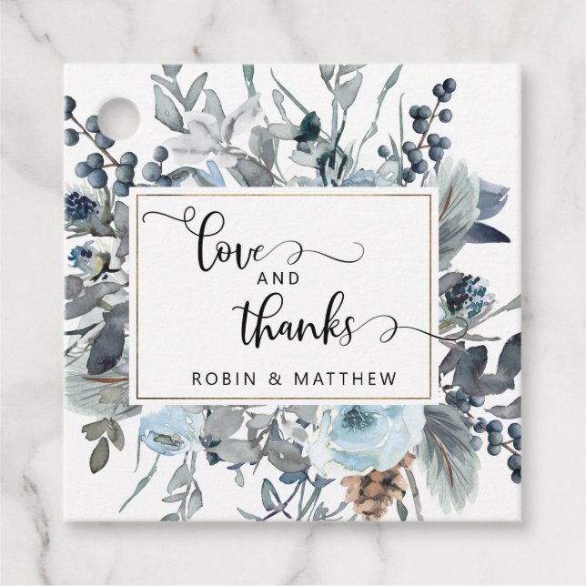 Elegant Blue Blommigt Kärlek och tackbröllopsförmå Gåvor Etiketter (Framsida)
