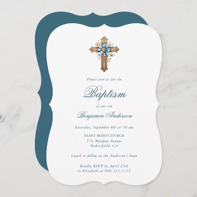 Elegant Blue Blommigt Kor Boy Baptism Inbjudningar (Fram/baksida)