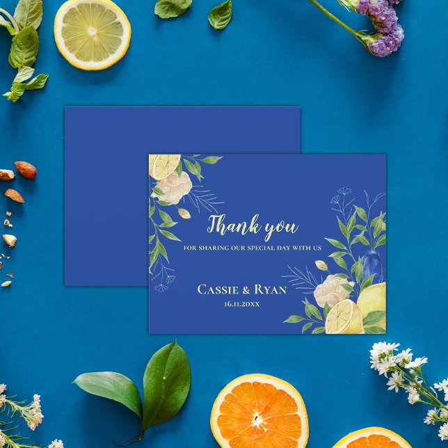 Elegant Blue Blommigt Lemon Bröllop - tackkort Vykort (Elegant Blue Floral Lemon Wedding Thank You Cards)