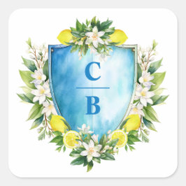 Elegant Blue Blommigt Lemon Vapensköld Monogram Br Fyrkantigt Klistermärke