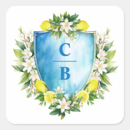 Elegant Blue Blommigt Lemon Vapensköld Monogram Br Fyrkantigt Klistermärke