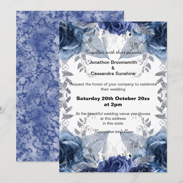 ELEGANT BLUE BLOMMIGT MARBLE GLITTER BRÖLLOP INBJUDNINGAR (Fram/baksida)