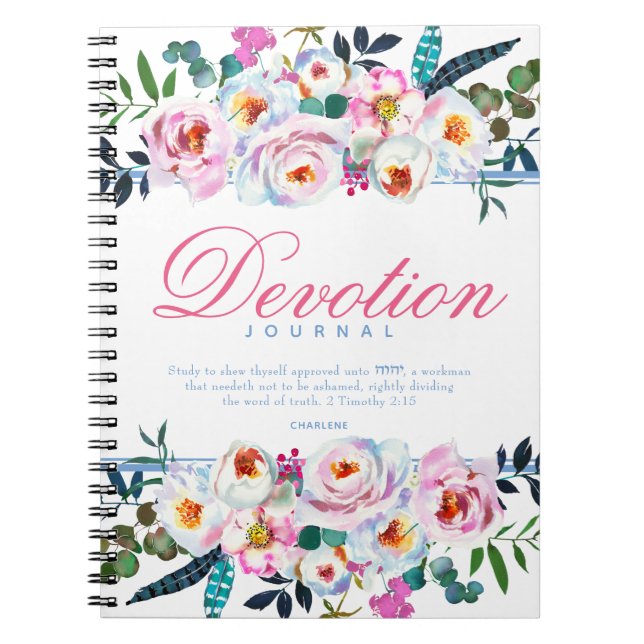 Elegant Blue Blommigt med namnet Devotion Journal Anteckningsbok (Framsidan)