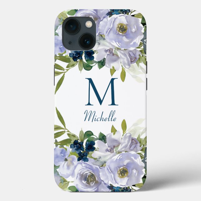 Elegant Blue Blommigt Monogram Namn (Baksida)