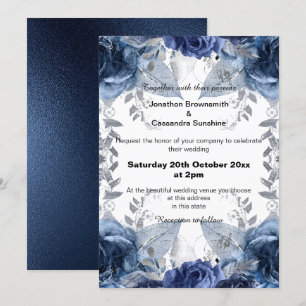ELEGANT BLUE BLOMMIGT NAVY BRÖLLOP INBJUDNINGAR