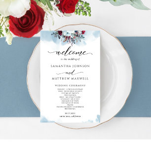 Elegant Blue Blommigt och Burgundy-Bröllopsprogram