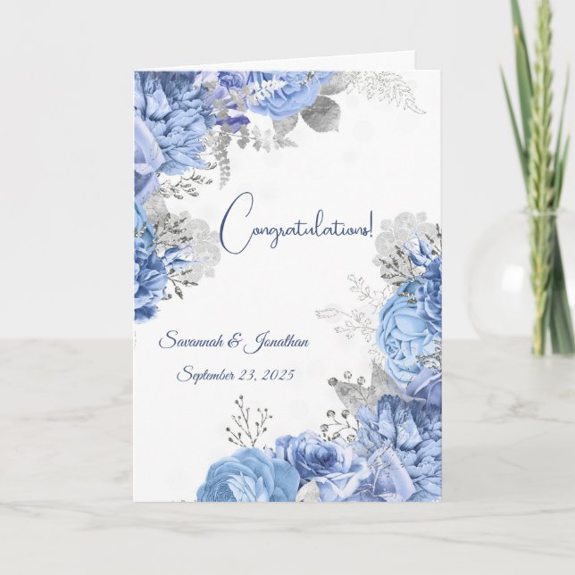 Elegant Blue Blommigt Personlig Bröllop Kort (Framsida)