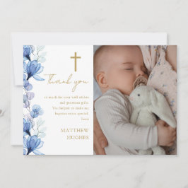 Elegant Blue Blommigt Photo Baptism Christening Tack Kort