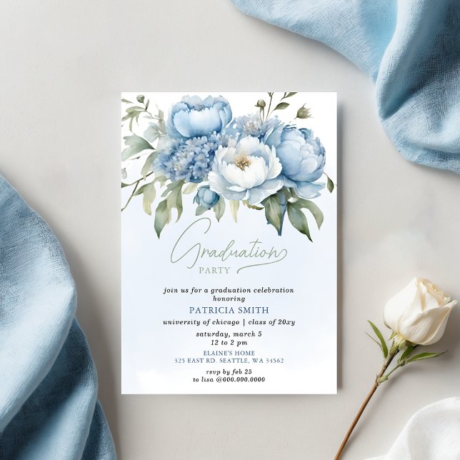 Elegant Blue Blommigt Photo Studentfest Inbjudningar (Elegant Blue Floral Photo Graduation Party Invitation)