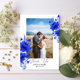 Elegant Blue Blommigt Photo Tack Kort