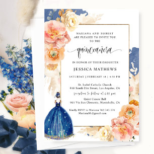 Elegant Blue Blommigt Princess Quinceañera Inbjudningar