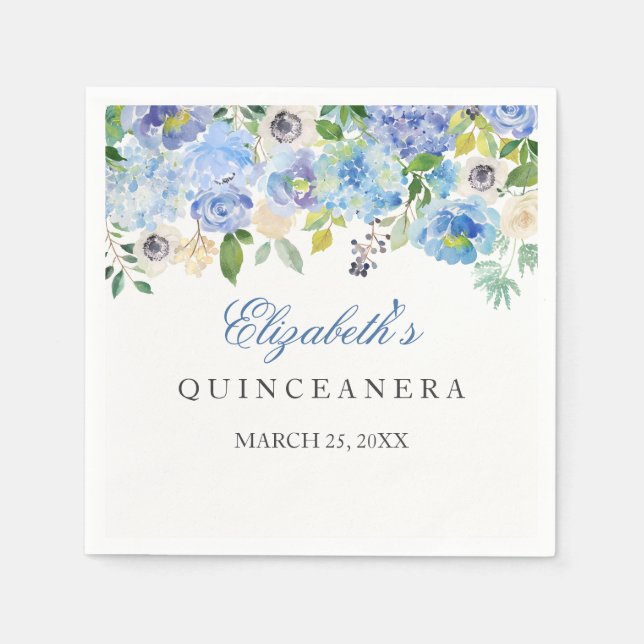 Elegant Blue Blommigt Quinceanera Napkin Pappersservett (Framsidan)