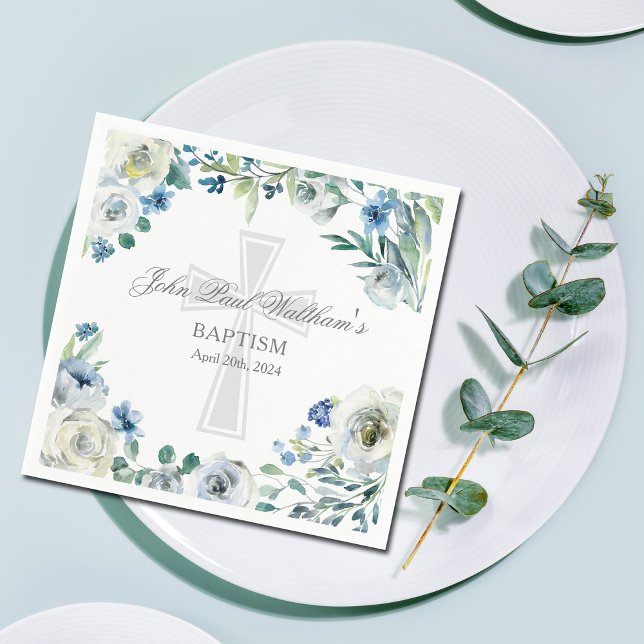Elegant Blue Blommigt Religiösa Kor Baptism Pappersservett (Skapare uppladdad)