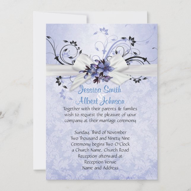 Elegant Blue Blommigt Ribbon Damask Wedding Inbjud Inbjudningar (Framsida)