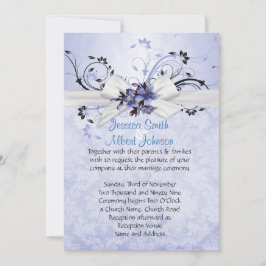 Elegant Blue Blommigt Ribbon Damask Wedding Inbjud Inbjudningar
