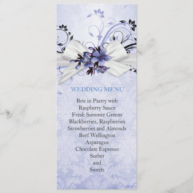 Elegant Blue Blommigt Ribbon Damask Wedding Menu Meny (Framsida)