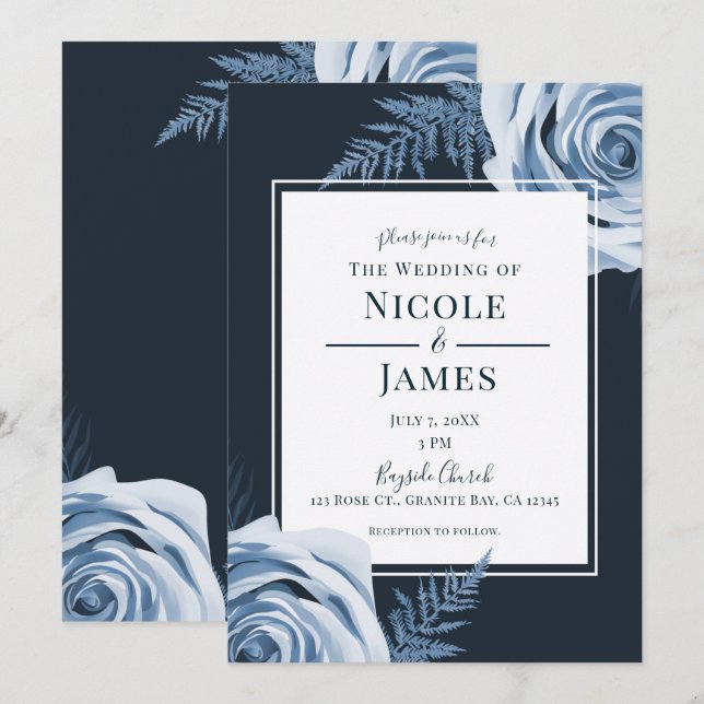 Elegant Blue Blommigt Ro Shabby chic Bröllop Inbjudningar (Fram/baksida)