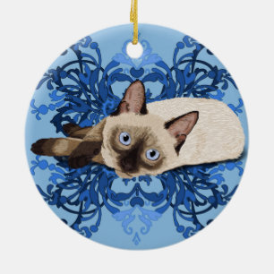 Elegant Blue Blommigt Siamese Cat Söt Kattdjur Julgransprydnad Keramik