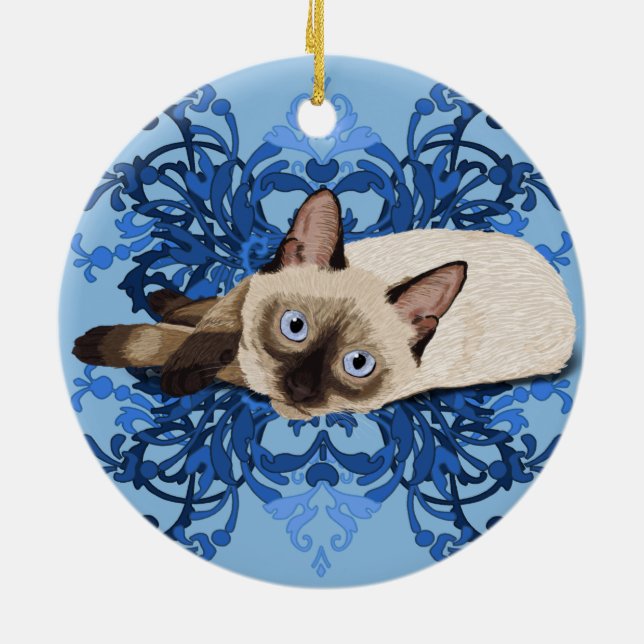 Elegant Blue Blommigt Siamese Cat Söt Kattdjur Julgransprydnad Keramik (Baksidan)