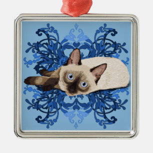 Elegant Blue Blommigt Siamese Cat Söt Kattdjur Julgransprydnad Metall