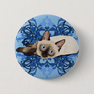 Elegant Blue Blommigt Siamese Cat Söt Kattdjur Knapp