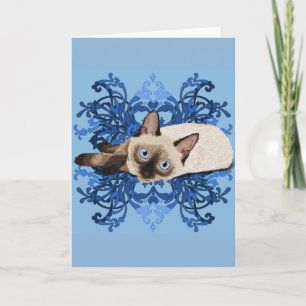Elegant Blue Blommigt Siamese Cat Söt Kattdjur Kort