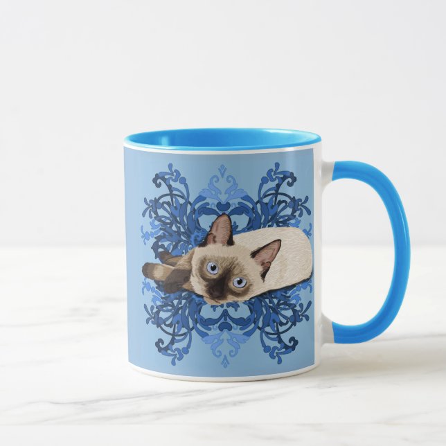 Elegant Blue Blommigt Siamese Cat Söt Kattdjur Mugg (Höger)