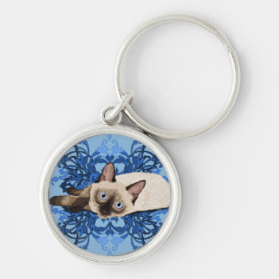 Elegant Blue Blommigt Siamese Cat Söt Kattdjur Rund Silverfärgad Nyckelring